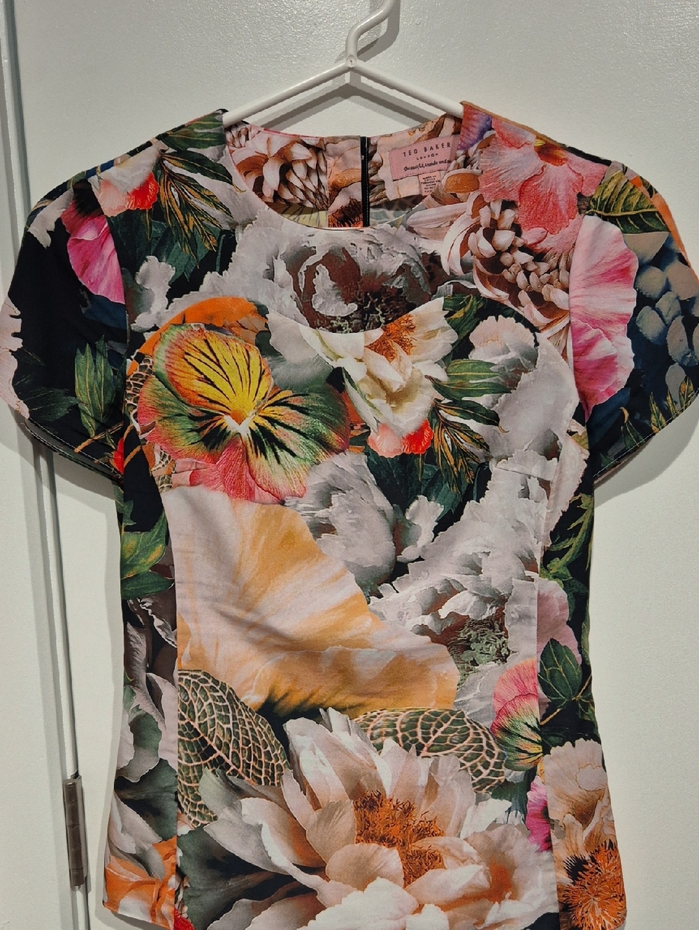 Ted Baker Floral Short-Sleeve Top in White, Pink, Green, Orange